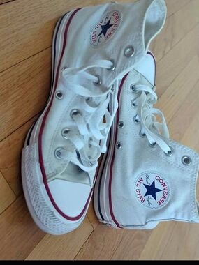 Converse White High Top Sneakers with Red and Navy Trim